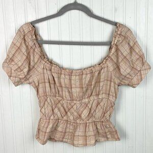Sim & Sam Puff Sleeve Smocked Top Tan Plaid Size XS Cotton Milkmaid Cottagecore